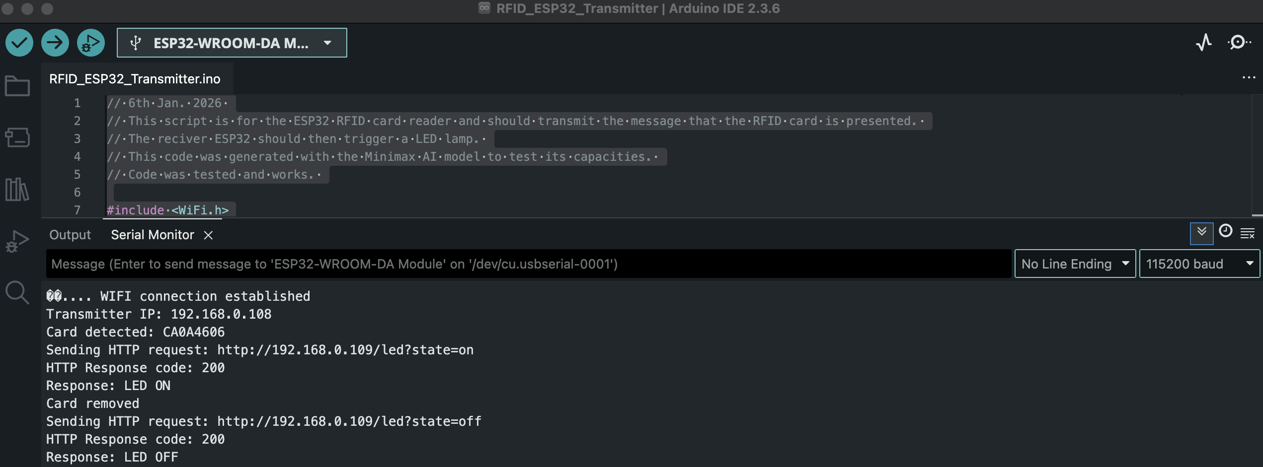 Response of ESP32 Transmitter when connection to WIFI is established, and RFID card is presented.