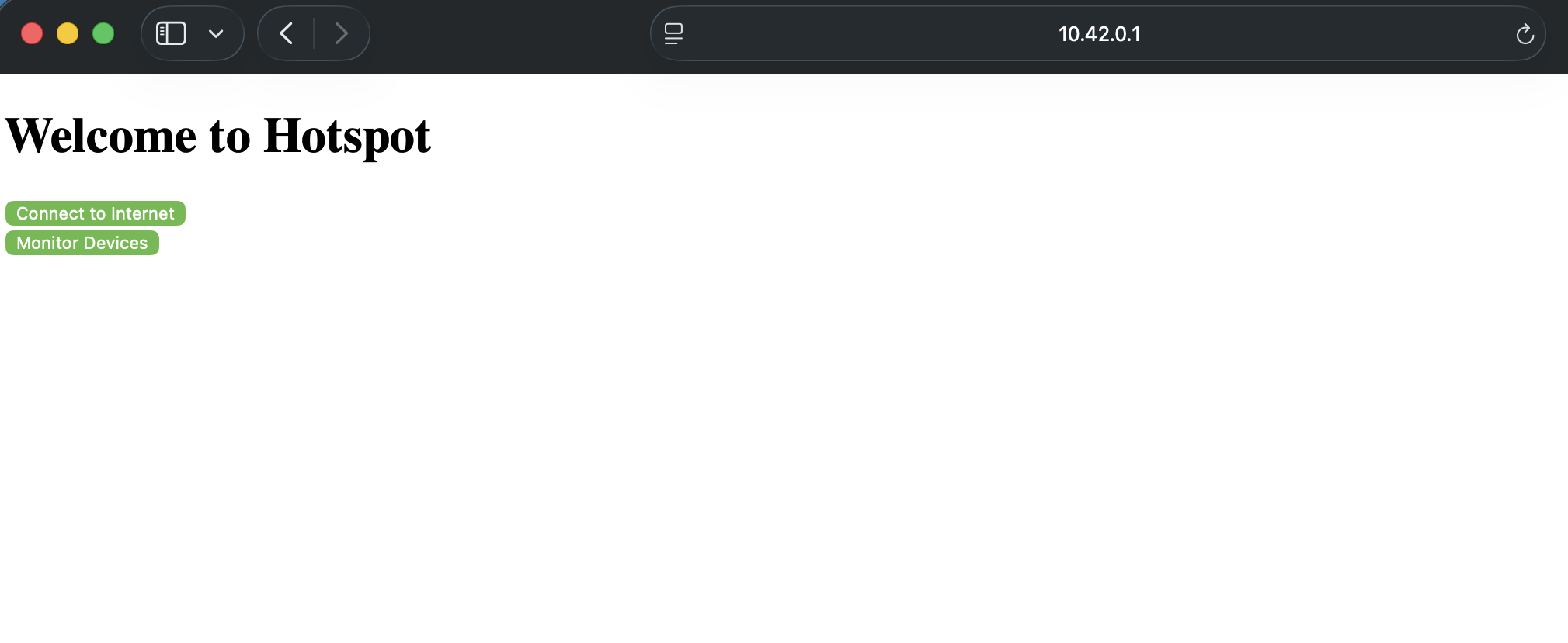 Start Page displayed when the IP 10.42.0.1 is entered into browser.