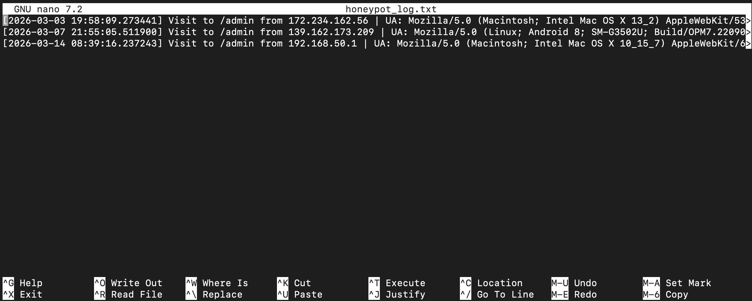 Honeypot logfile: showing that 2 bots have tried to access the /admin route.