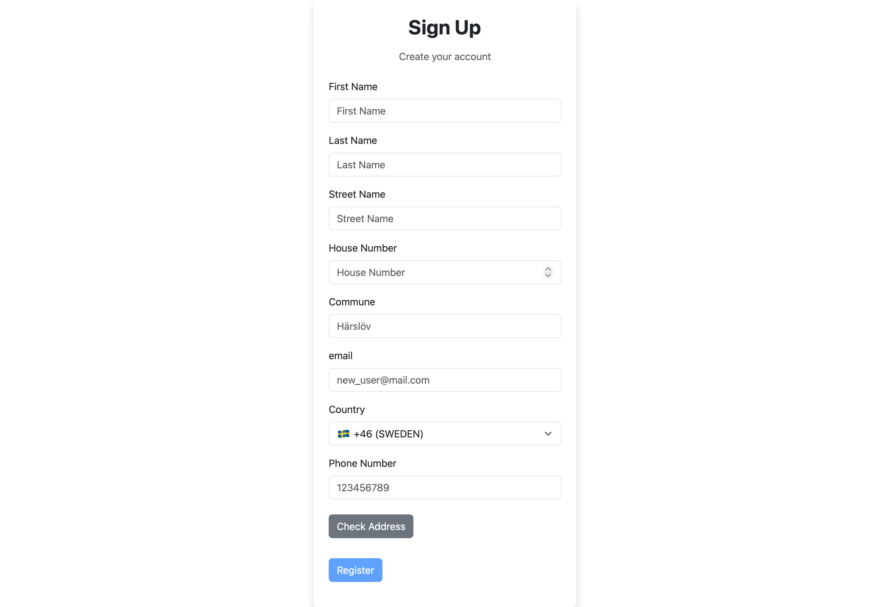 Registration page
