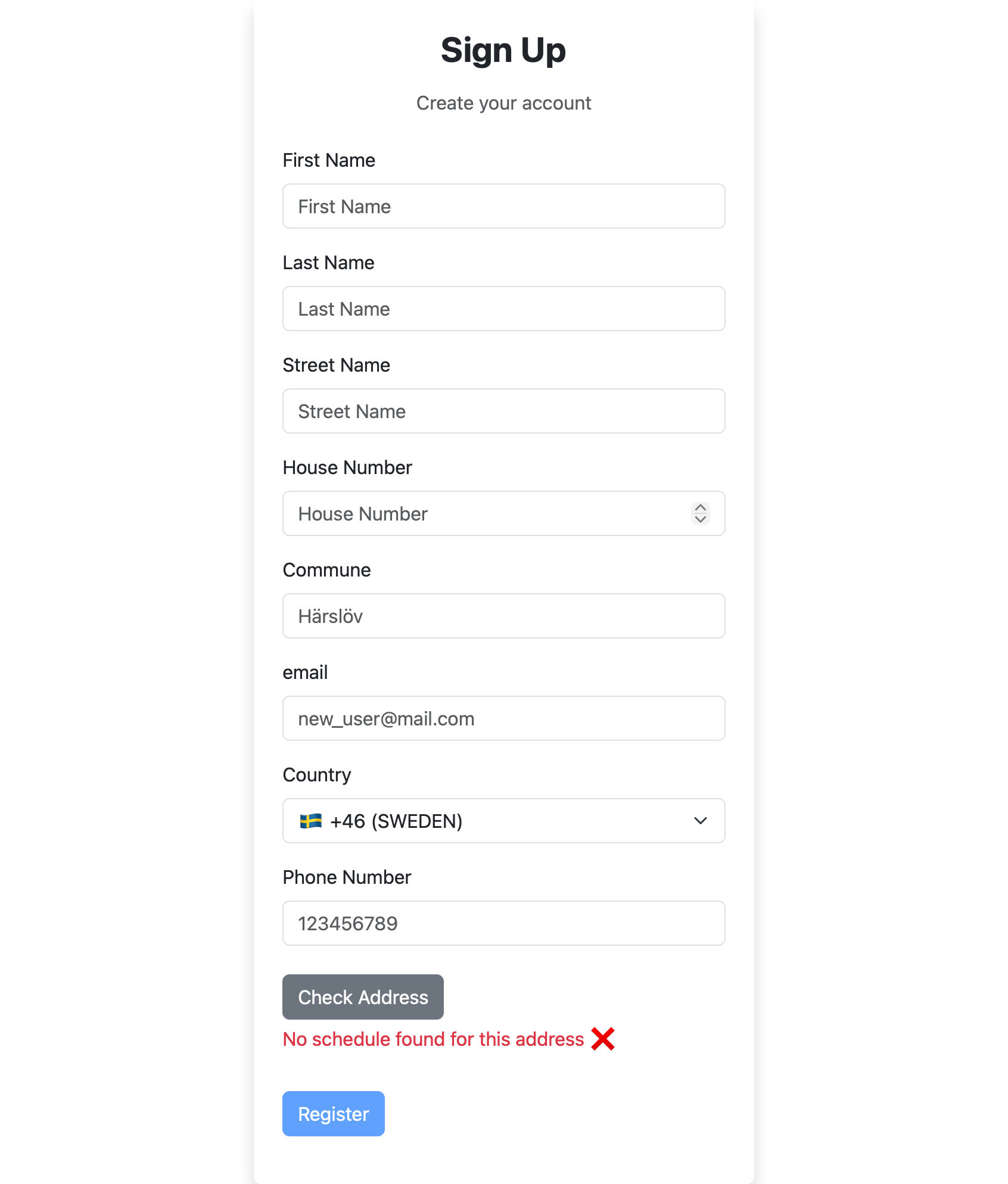 Address check during registration-Address not found!